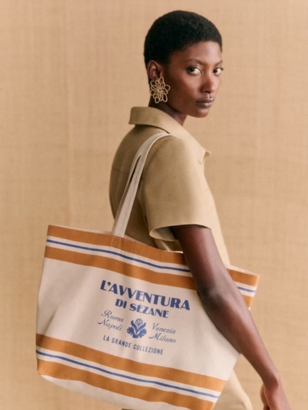 new Sézane l'Avventura di Sezane striped gold tan amber tote limited edition